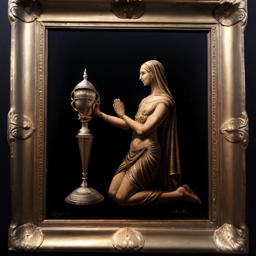 painting. Focus on goddess Desirea, her body covered only by transparent silk veils and thin silver chains. She is leaning forward, offering a glowing ornate chalice. In the foreground, a mature businessman in a sharp dark suit is kneeling, his arms outstretched in desperate supplication to receive the potion. Dramatic contrast between ancient divinity and modern man, ethereal lighting, soft glowing crescent moon, masterpiece, 8k."