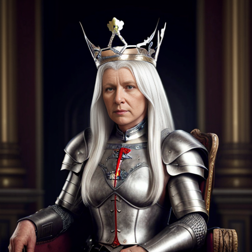 Tall, white-haired Queen of Poland in armor sitting on a throne