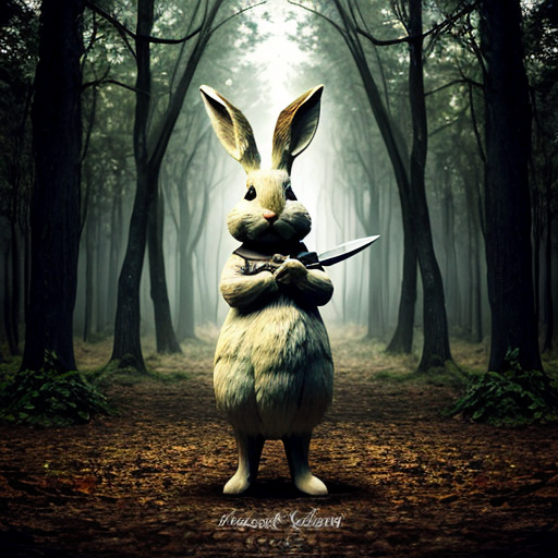 European rabbit, holding knife, dark forest, evil,