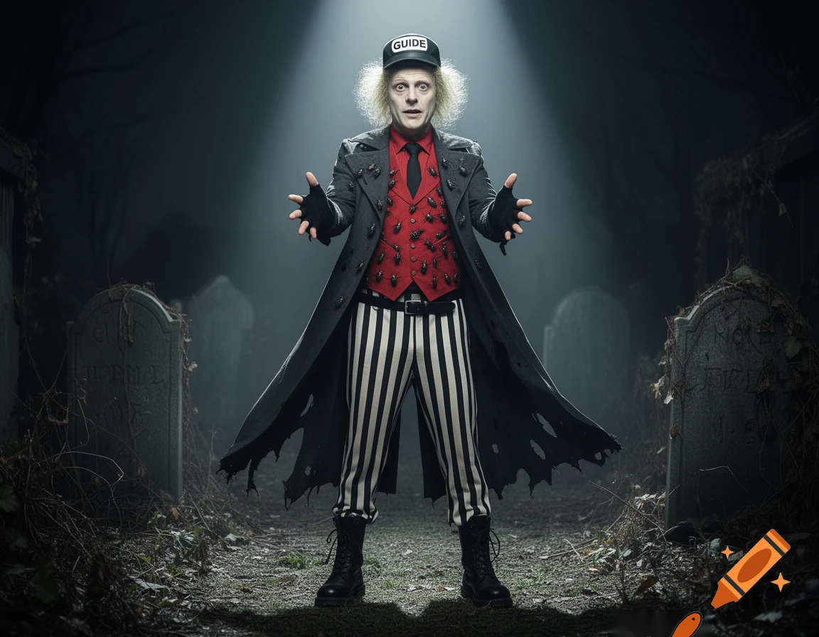 Beetlejuice wearing a dark taxi cap that has "GUIDE" written on the front, a red shirt covered with beetles, a black tie, a waistcoat with vertical black-&-white stripes, a long dark dirty torn Trench Coat, long black fingerless gloves, a black belt, pants with vertical black-&-white stripes, a pair of black Combat-style Beatle boots, standing in a graveyard, under a spotlight, with his arms outstretched.