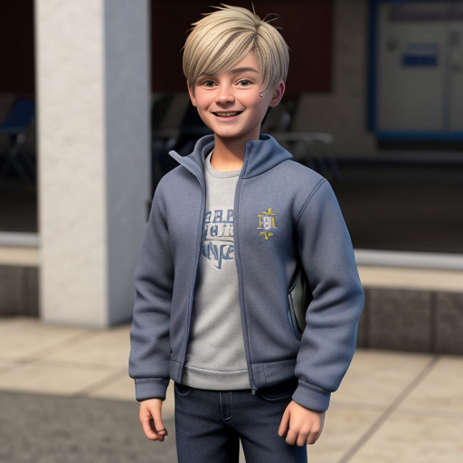 16 years old boy with blond hair, blue eys but a very small figure, he is not taller than a 4 years old boy. He is wearing a grey fleece jacket  with open zip and a blue tshirt, short jeans and a blue school backpack looking real. He is smiling and on the way home from school
