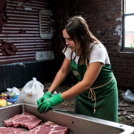 The image depicts a grim and disturbing scene, possibly an outdoor butcher's area or a macabre setup in a derelict location. The overall color palette is dominated by muted browns, grays, and reds, with a significant presence of what appears to be blood and gore.

In the upper portion of the image, a person wearing a blood-stained red apron is standing and appears to be working on something on a table. Their arms are muscular, and their hair is dark and styled up. The table itself is covered with what looks like raw meat and several clear plastic bags containing more of these items.

Below the table, in the lower part of the frame, are two figures. The one on the left is a female form, seated and appearing to be made of flesh, covered in blood and some kind of fibrous material, possibly hair or fabric. Her head is tilted back. To the right of her is another figure, also appearing to be flesh and blood, crouched low. This figure has a more defined face with glasses. Both figures are unsettling and appear to be part of the overall scene of dismemberment or processing.

The background is a crumbling brick wall, suggesting a dilapidated urban environment. There is a dirty window with reflections on the right side. The ground is littered with debris, including plastic bags, scraps of material, and what looks like discarded food items. Two large trash bins are visible on the sides, one brown on the left and a green one on the right, the latter overflowing with corn cobs and other contents.

The composition is vertically oriented, with the standing figure and the table forming the upper half, and the seated figures and the ground clutter occupying the lower half. The lighting is somewhat harsh and uneven, contributing to the unsettling atmosphere. The image has a gritty, low-resolution texture, which adds to its raw and disturbing nature.