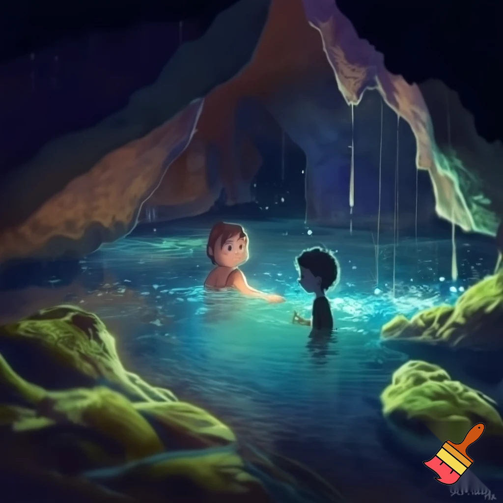 Girl and boy in cave with water
