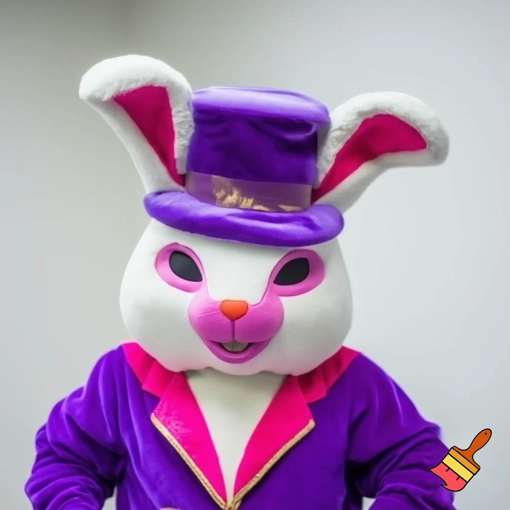 Easter bunny mascot costume top hat a colour face jacket purple and pink pink, purple and pink and gold purple and pink and gold