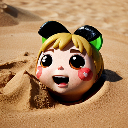 The powerpuff girls buttercup buried up to her neck in sand only her head sticking out packed in by bubbles