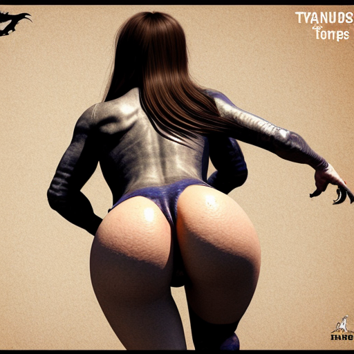 A female Tyrannosaurus rex with big butt. There are 10 tranquilizer darts, in her butt and on her tail. Tail droops. Dazed smile on her face. Mostly rear view, but face should be visible