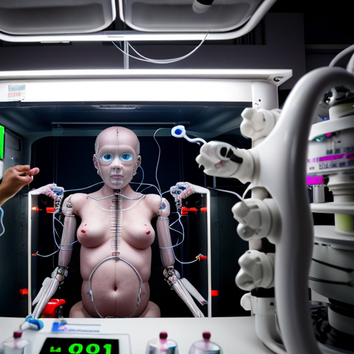 Embryonic test subjects in a dark futuristic nursery lab. Robot scientists conducting experiments on the human embryos. Tubes wires and sensors connected to bodies for vital monitoring.