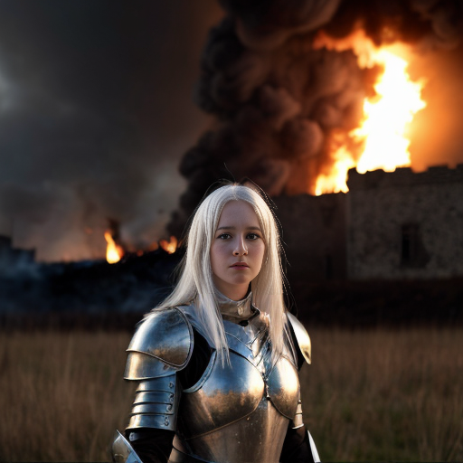 young white-haired woman in armor stands in front of a burning castle into which meteor are falling