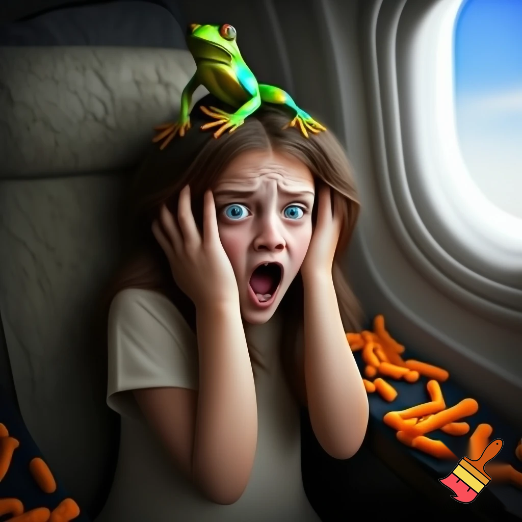 a inpoyle in  a plane is sacred of a frog on her head she scram she put hot cheetos on her head  when the girl done with her flit  the frog hit her head