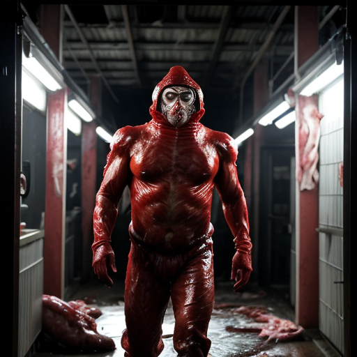 A 9 :16 aspect ratio pic of a cavernous, rusted slaughterhouse bathed in the flickering glow of broken overhead lights, their sparks raining down like dying fireflies. Dominating the scene is Satan himself—not some cartoonish demon, but a towering, twisted colossus of sinew and exposed muscle, his flesh split in jagged seams where extra limbs and eyes bulge grotesquely from his form. His jaw unhinges like a serpent’s, strings of saliva and half-chewed meat dangling as he laughs, the sound vibrating through puddles of gore. Around him, hazmat-suited figures move like panicked insects, their suits slick with viscera, desperately trying to contain something they clearly cannot. The floor is a mosaic of carnage—shattered bones, gnawed torsos, and unrecognizable meat piles, some still twitching. In the shadows, pale figures with too many teeth crouch over fresh kills, their feast lit by the emergency exit sign’s bloody glow. The air is thick with the metallic stench of butchery and the wet, tearing sounds of things still being eaten alive