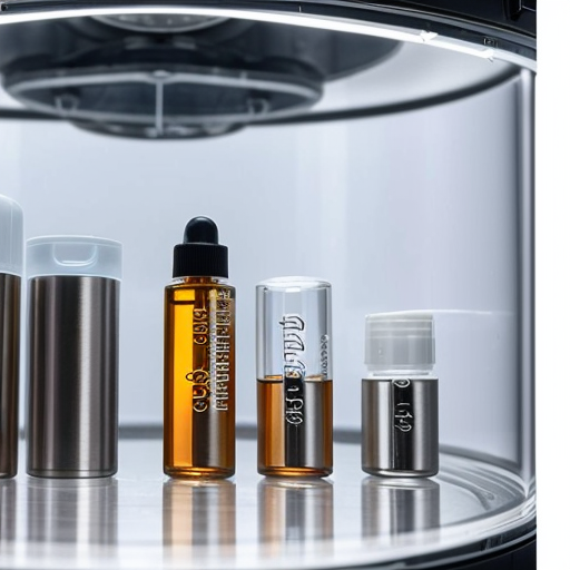 Pharmaceutical freeze-drying process in a laboratory, showing vials inside a lyophilizer chamber with ice sublimating into vapor, detailed scientific illustration style"