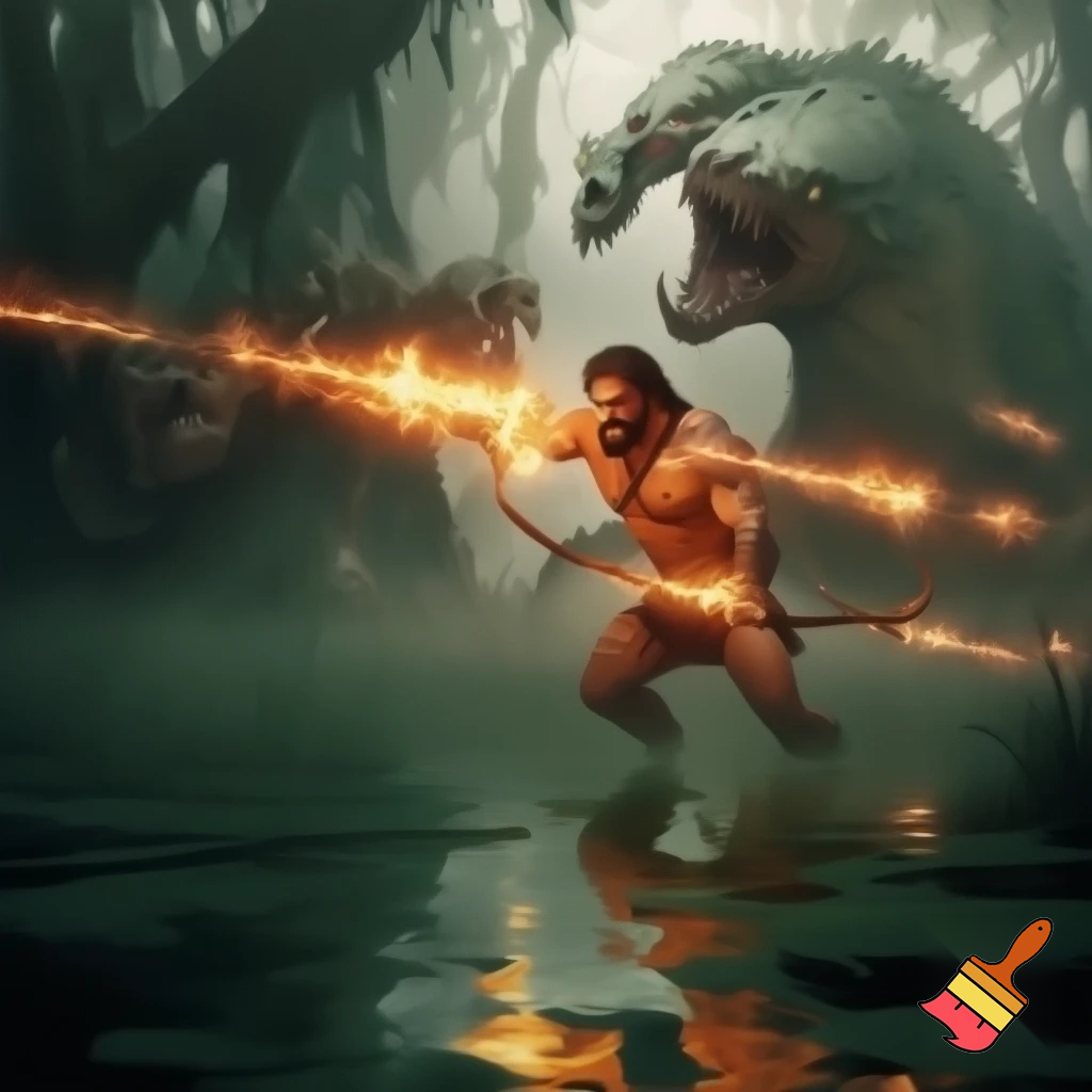 Hercules shooting flaming arrows, fire reflections on swamp water, arrows hitting Hydra, creature roaring in pain, cinematic action, dynamic camera