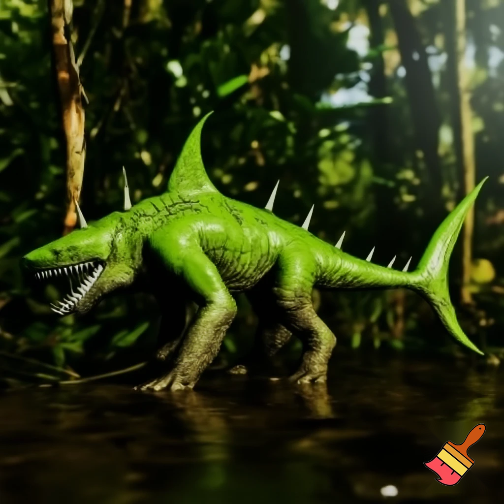 a animal that has green skin and has no eyes
and has a tail with spike on the tail and body and looks like a fly trap and lives in the rainforest has a big mouth and has shark teeth and has legs
and give him a shark face with no eyes and walks on all fours


 
