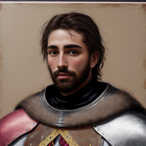 a weathered painting of a handsome knight, he is wearing a pink cloak with black spots