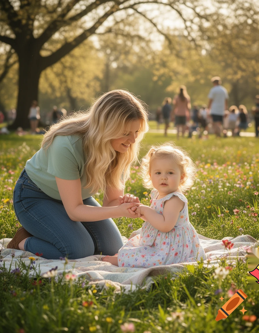 create a girl who is two years old with blonde hair with her mom who is 27years old with dirty blonde hair 