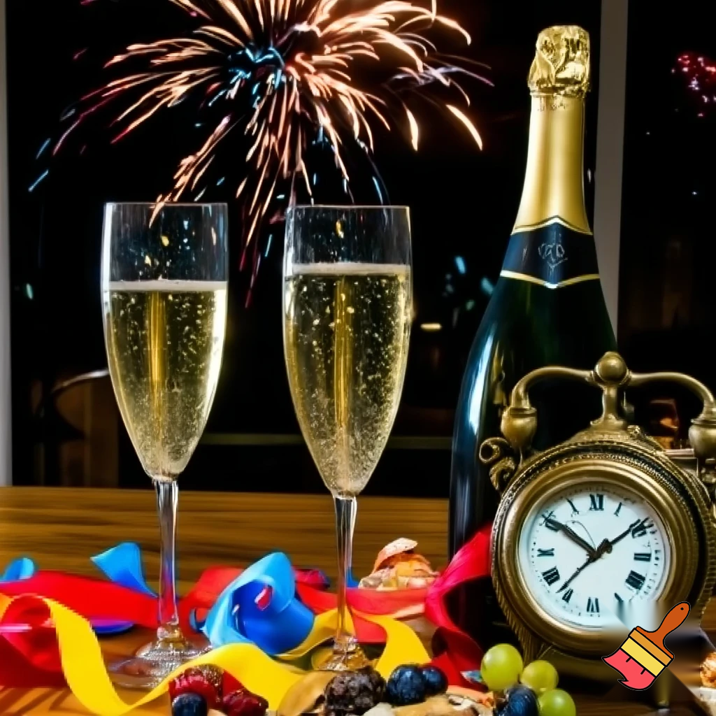 on the table there are two glasses of champagne, a bottle, hanging colorful paper streamers, snacks and fruit, next to it there is an old clock, the hands of the clock are at 12 o'clock, in the background there is a window and fireworks outside the window