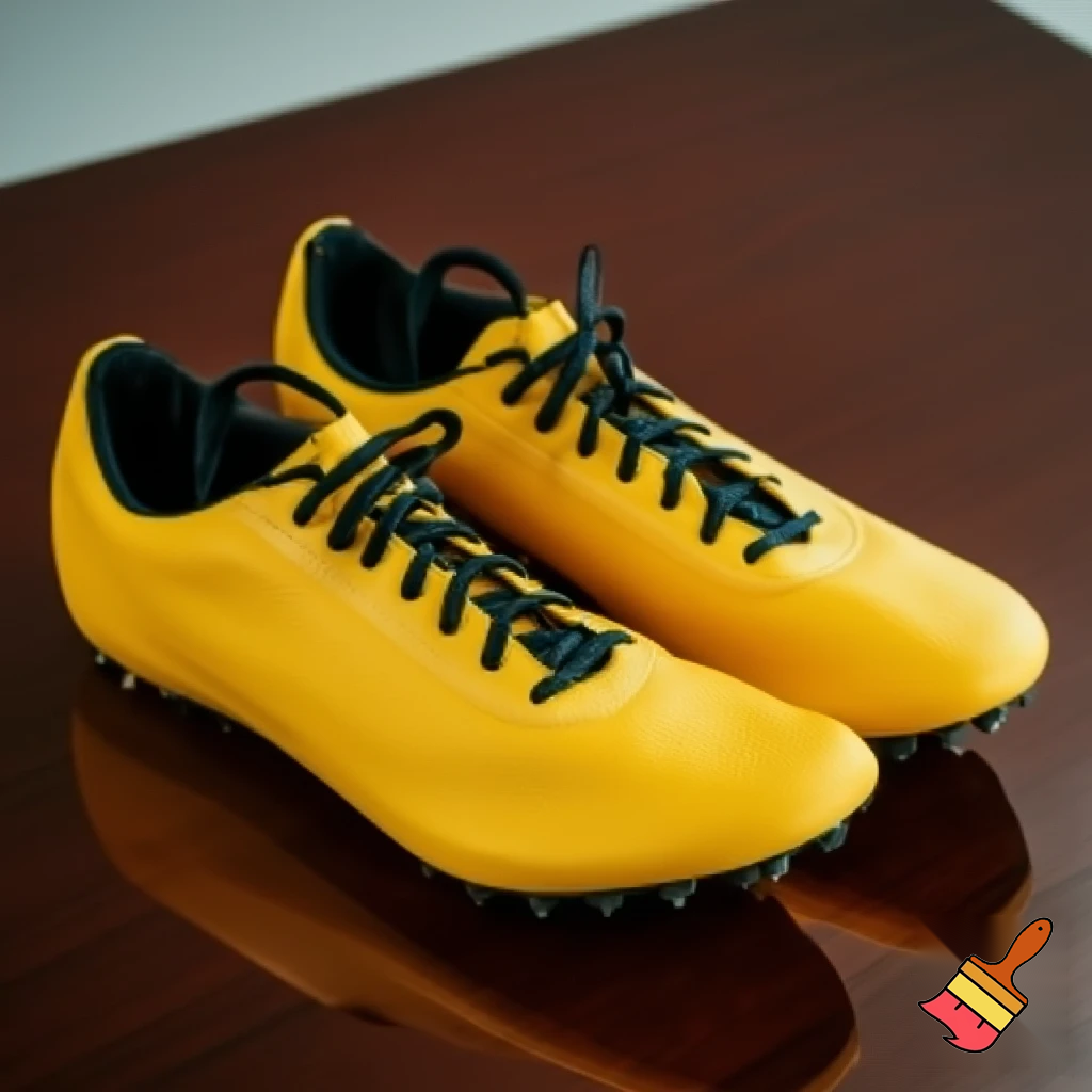 gold-yellow track shoes on a table with black laces