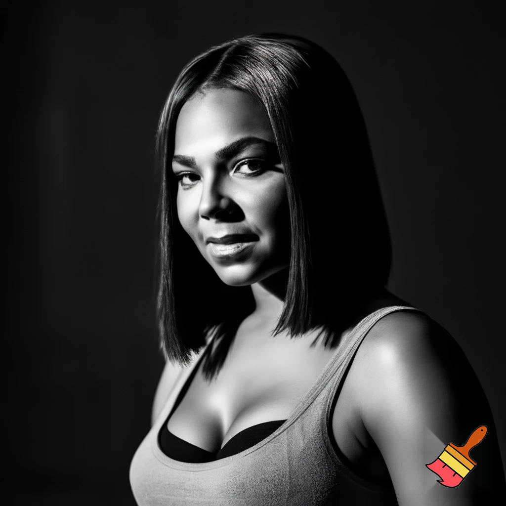 Black and white image of Ashanti with part bob hair wearing a grey tank top and black bra 