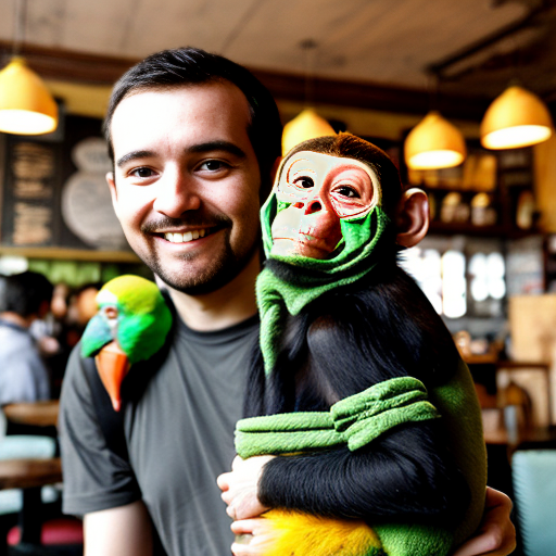 monkey carrying monkey baby with parrot on his shoulder in a cafe called 67 cafe
