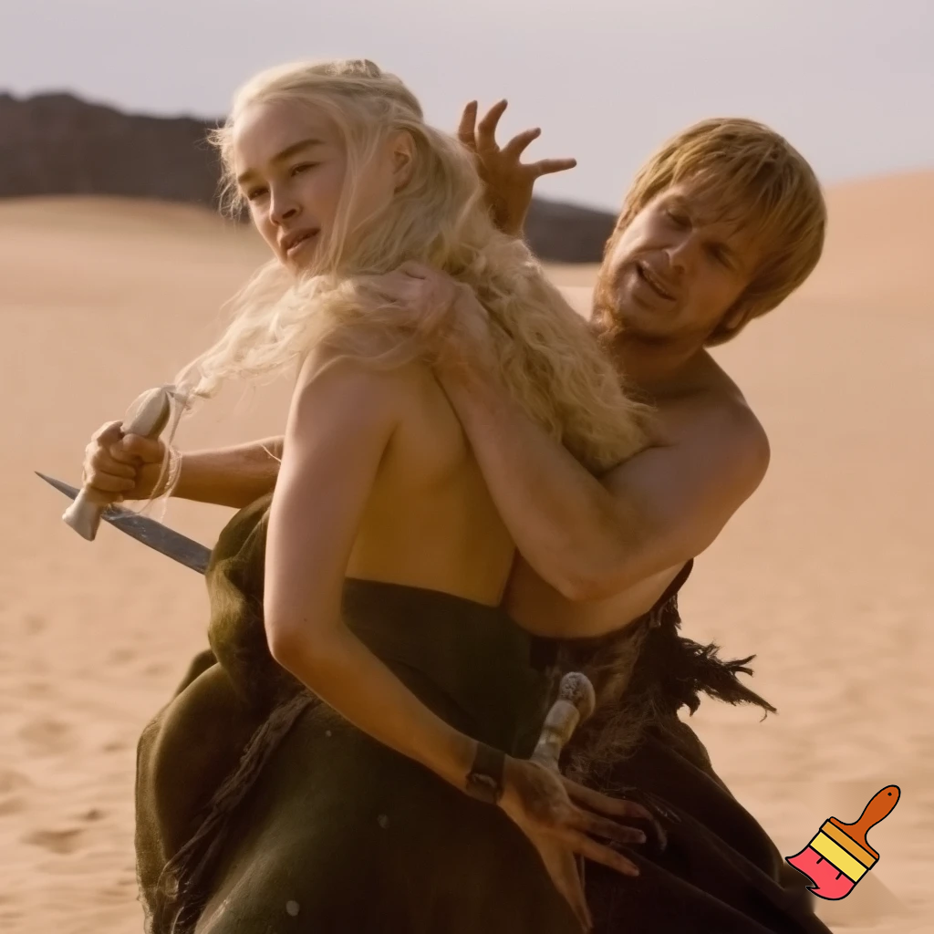 Daenerys Targaryen and Cersei Lannister wrestling the desert , Cersei Lannister is under Daenerys and losing. Both are naked and all sweaty 
