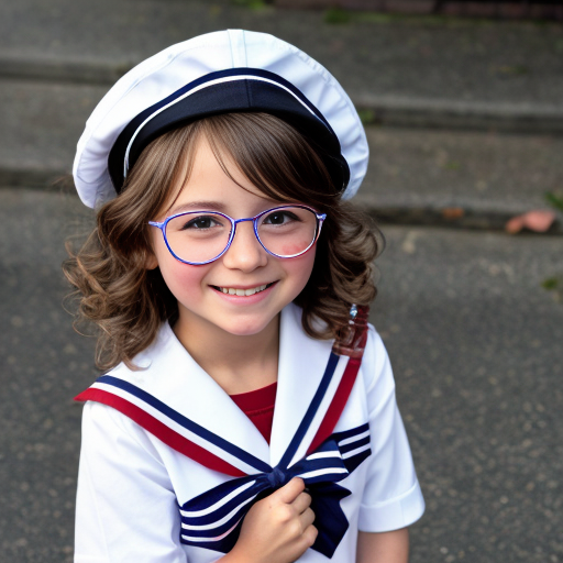 Cute adorable niña Chilindrina glasses con hair lazo curly con verano sailor uniforme escolar con zapatos negros escolar con calcetines blancos con sombrero sailor con grupal con caminar con desfile Estados Unidos América bandera con ciudad 50