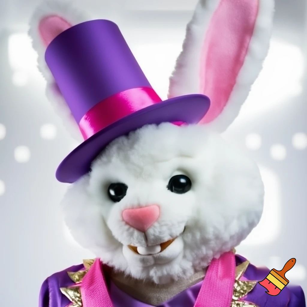Easter bunny mascot costume top hat a colour face jacket purple and pink pink, purple and pink and gold purple and pink and gold
