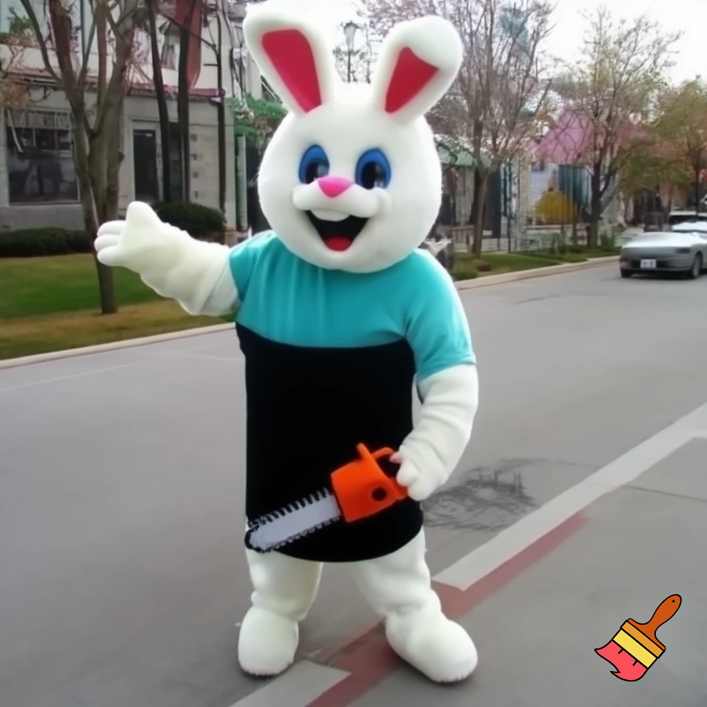 Easter bunny mascot top hat costume with a chainsaw mascot