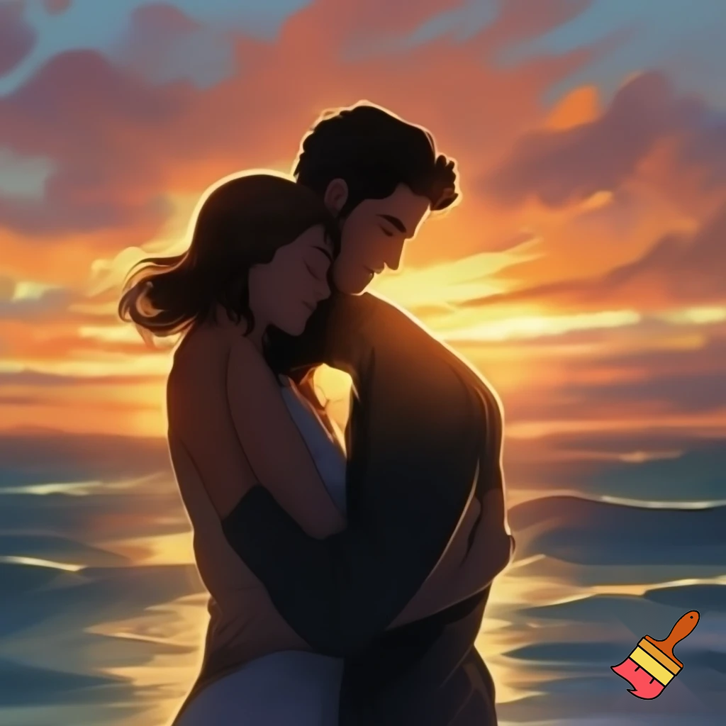 An image of a man with his wife on a sunset hugging themselves 
