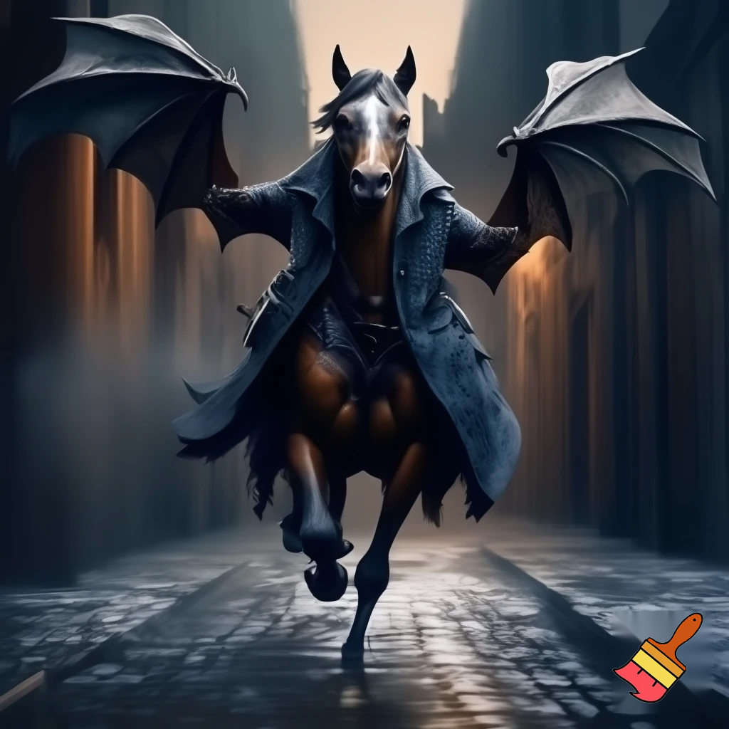 Half horse half bat running in a trench coat