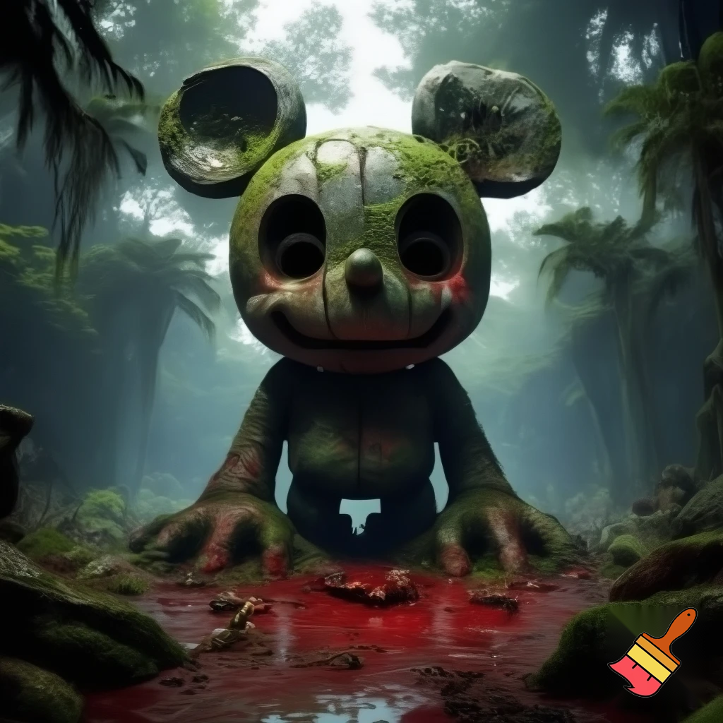 Ancient stone idol of Mickey Mouse with blood sacrifice