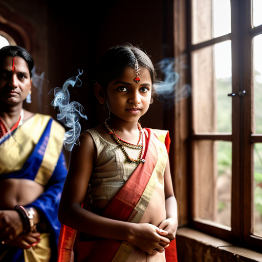 Photorealistic cinematic family portrait, aspect ratio 16:9. A traditional Brahmin family inside a modest Indian home — simple clay walls, brass utensils, and a soft diya glow illuminating the space. The young boy stands at the center, radiating a divine, innocent aura, his face glowing with purity and childlike wonder. Parents in the background, dressed in humble cotton dhotis and sarees, their expressions a mix of pride, devotion, and quiet struggle. Emotional contrast between the boy’s divine innocence and the parents’ worldly concerns. Warm earthy tones, soft natural light filtering through a small window, subtle incense smoke adding atmosphere. No text, purely cinematic realism. –ar 16:9 –stylize 300 –v 6