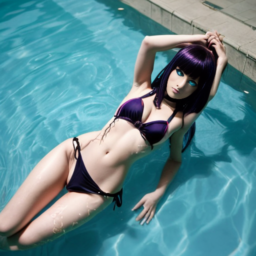 Gothic spider girl anime with blue eyes and a bikini, swimming with her legs spread.
