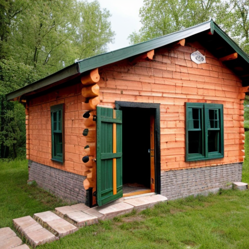 a cabin made of  bricks with a row of smokestacks on top so it looks like a small factory with a vault door instead of a regular door