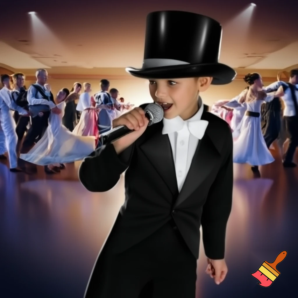 Preteen Boy in Shiny Top Hat White Bowtie Black Tailcoat Black Shoes Singing in Microphone on a big Stage. Behind him Ballroom Dance Kid Couples Dancing, Boys in formal stylish Tailcoats, Girls in beautiful Ballroom Gowns