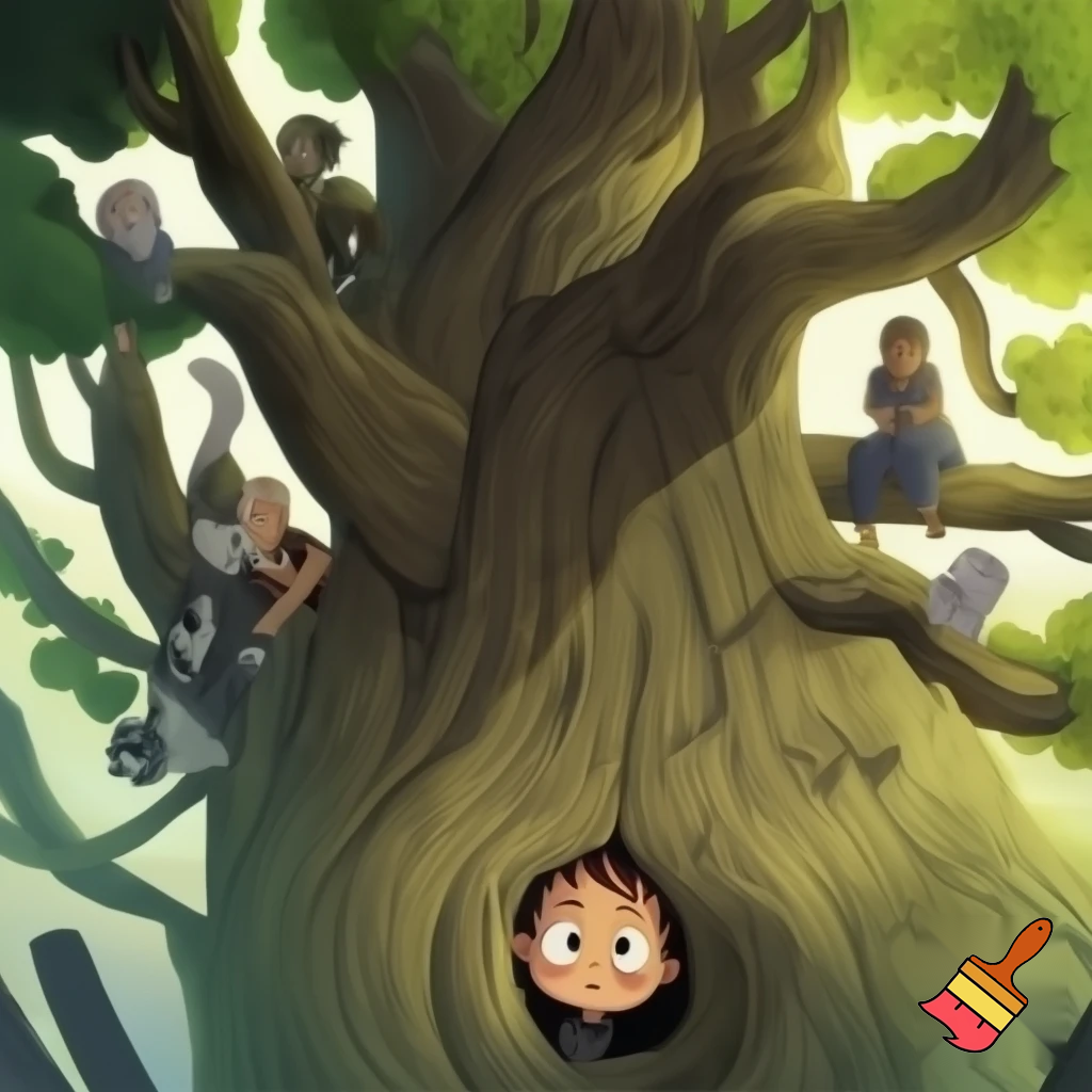 big tree with a child, a cat and four adults stuck in it