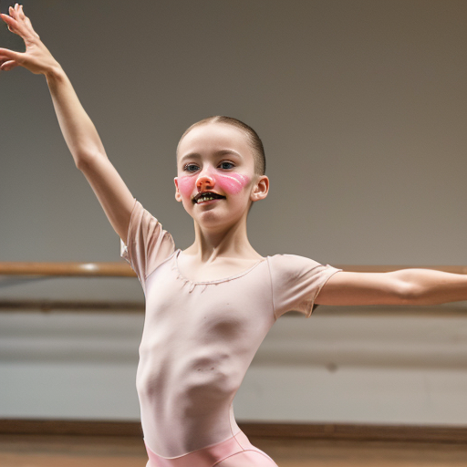 A 12 year old doing ballet (female) dark brown hair and Hazel/brownish eyes and singing too with pink clothes a beauty spot above the mouth and very light brown freckles dancing in ballet style 