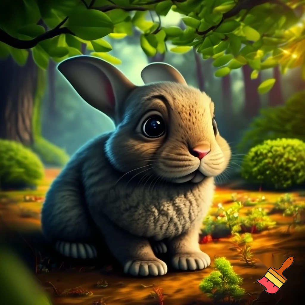 Cartoon style illustration of a small, sad rabbit sitting alone on the forest floor with teary eyes, looking lonely and scared. A vibrant, colorful forest background with trees, sunlight filtering through leaves, flowers, and bushes. Make it emotional and storybook-like, rabbit is the same character as in following scenes, no fox yet