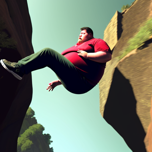 morbidly obese man falling off cliff dramatic 