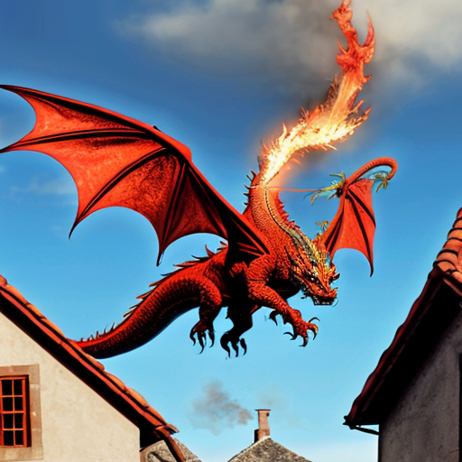 Draw me a mythological dragon flying through the sky above a village, breathing fire on the houses