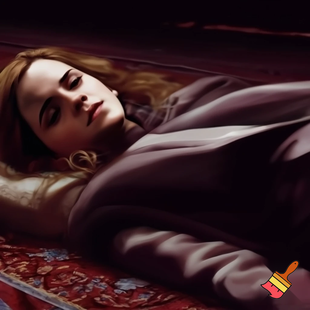 beauty Emma Watson as Hermione lay sprawled across the carpet, her petite body taut with the force of the bullet that had ripped through her tender left breast. Blood seeped from the neat entrance wound, staining her elegant white blouse a deep crimson. The fabric of her bra, a delicate lacy number, was visible as the shirt rode up to expose more of her pale skin.
Her legs were splayed, ankles crossed, in an unnatural pose that accentuated her curves. The way she'd fallen, face down, her long auburn hair fanned out like a halo over the floor. It was a strangely beautiful tableau, marred only by the dark stain growing larger between her shoulder blades, an omen of the brutal violence that had claimed her life.
Her face was turned to the side, the perfect porcelain complexion now marred by a look of shocked terror. Her eyes, those piercing hazel orbs that always seemed to hold a thousand thoughts and emotions, were wide open and staring, unseeing. The bridge of her elegant nose was a gruesome testament to the assassin's aim, a small neat hole, perfectly centered, a fatal kiss of steel and lead.
The eyes rolled slightly, the gaze slanting toward the bridge of the nose, as if Hermione's brain was trying to comprehend the unfathomable pain, the sudden cruel invasion of her body, the very seat of her being. The glassy stare was a mix of horror and defiance, a final and futile attempt to resist the inevitable, to will herself back to life, to transcend the cold embrace of death.
Her lips, usually pursed in concentration or curled in a wry smile, were parted in a silent scream, the pale column of her throat exposed, the delicate tendons and pulsing veins a stark reminder of life's fragility.
Every contour of Hermione's body was etched in death's chill, each detail amplified by the stark lighting and the cruel stillness of her pose. She looked impossibly lovely, even in the face of such terror and tragedy, a fleeting snapshot of a life brutally extinguished before its time. The escalating crimson stain on her white blouse was a grim reminder of the sacrifice she made, her elegant form now a macabre canvas for the evil that had unfolded.