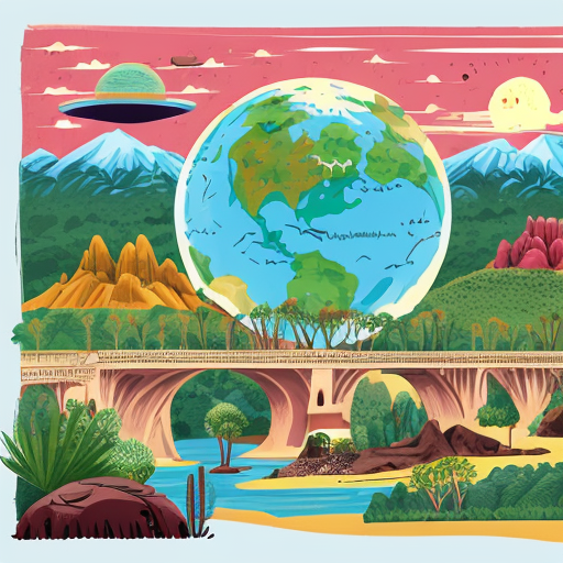 An illustrative planet colored like a jungle, showing various biomes (forests, deserts, mountains, waters), cartoon/illustrative style, text above in Romanian: "Călătorie în lumea UNESCO", vibrant and friendly atmosphere, bright colors and rich details