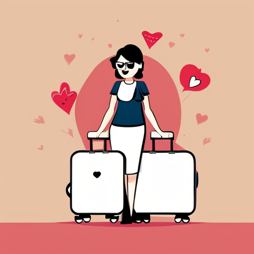 caricatura mujer con maleta, megafono y un corazon floreciendo