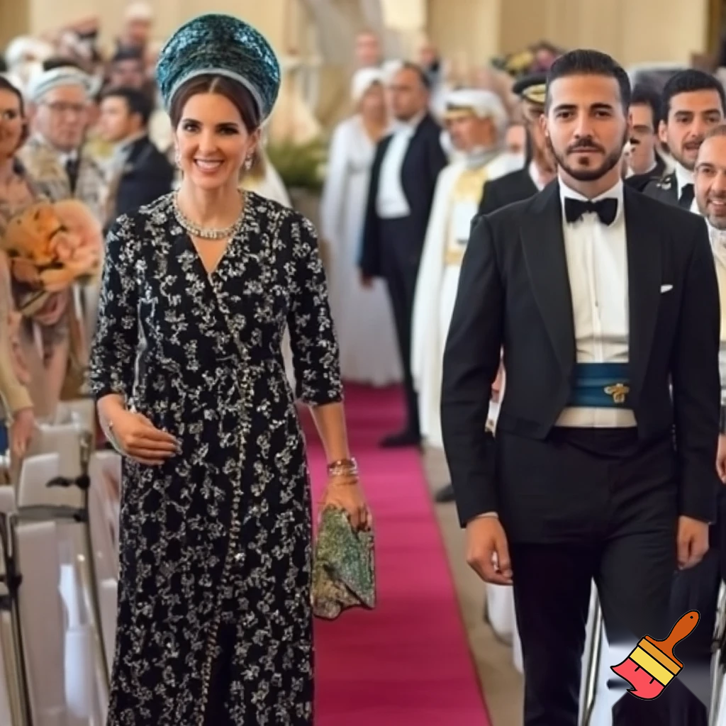 arab princess walking down the aisle next to her soon to be husband side view looking sad sketch