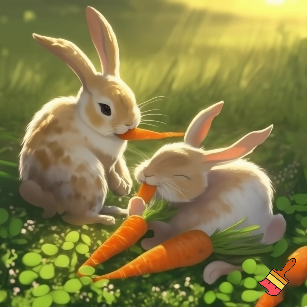 two rabits eating carots