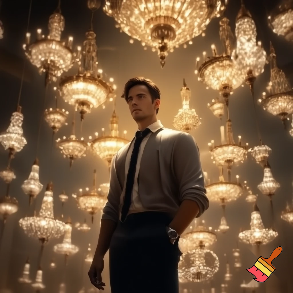 "An image of a handsome, stylish man without a tie, standing in the middle of a large room. Surrounding him are numerous bronze and crystal chandeliers, each shining softly with a warm glow. The chandeliers come in various shapes and sizes, filling the space with an elegant, luxurious atmosphere. The man stands calmly and confidently, looking both modern and sophisticated, amidst the shimmering lights."