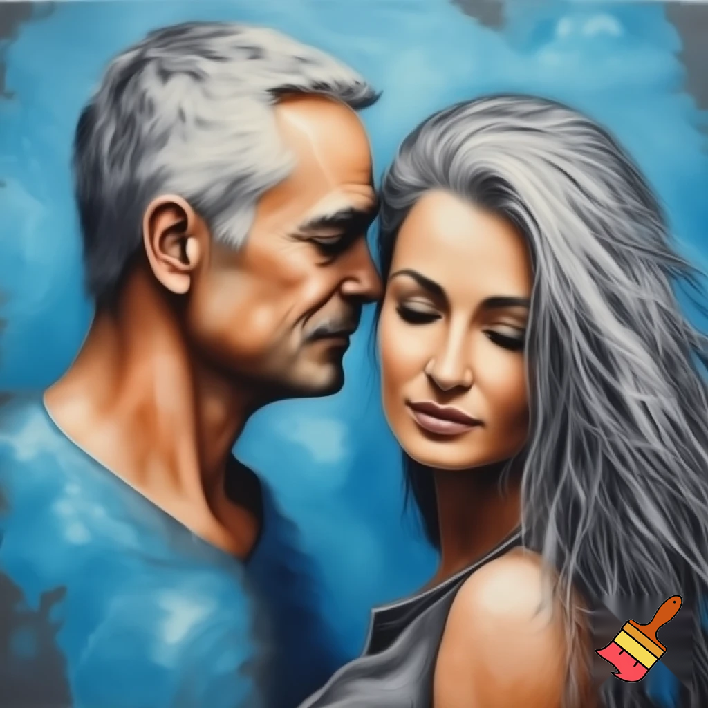 acrylic painting romantic couple older man and young woman with a long hair love blue and grey modern abstract
