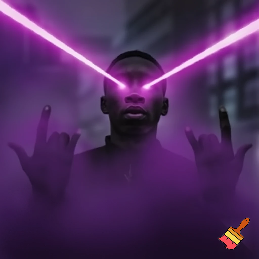 Make the khaby lame mechanism with 6 7 on his hands, then make lasers shoot out of his eyes and have a purple haze around him