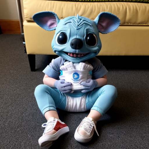 Stitch as a giant sitting down wearing his diaper and sneakers 