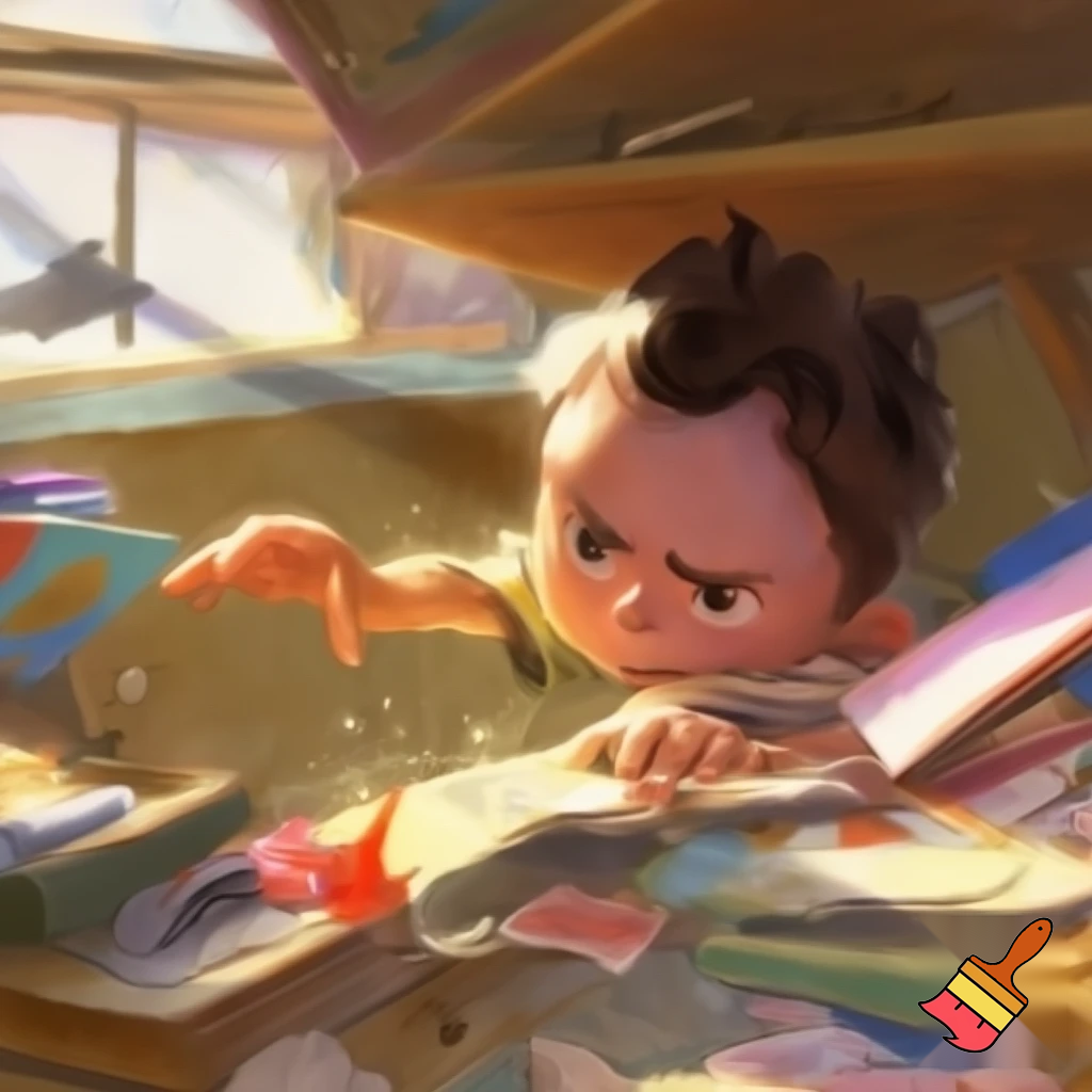 the boy is trying to find his pencil
