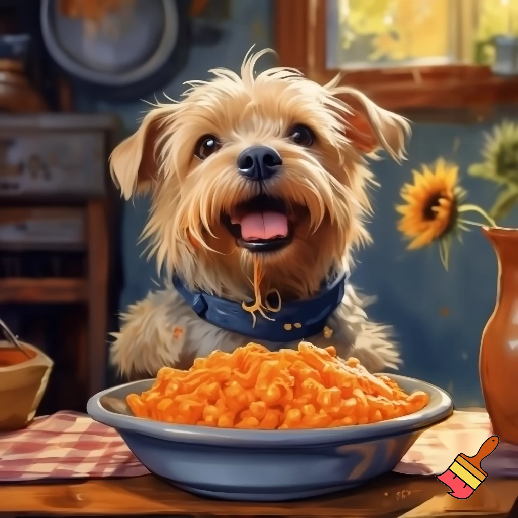 a dog eating kraft dinner